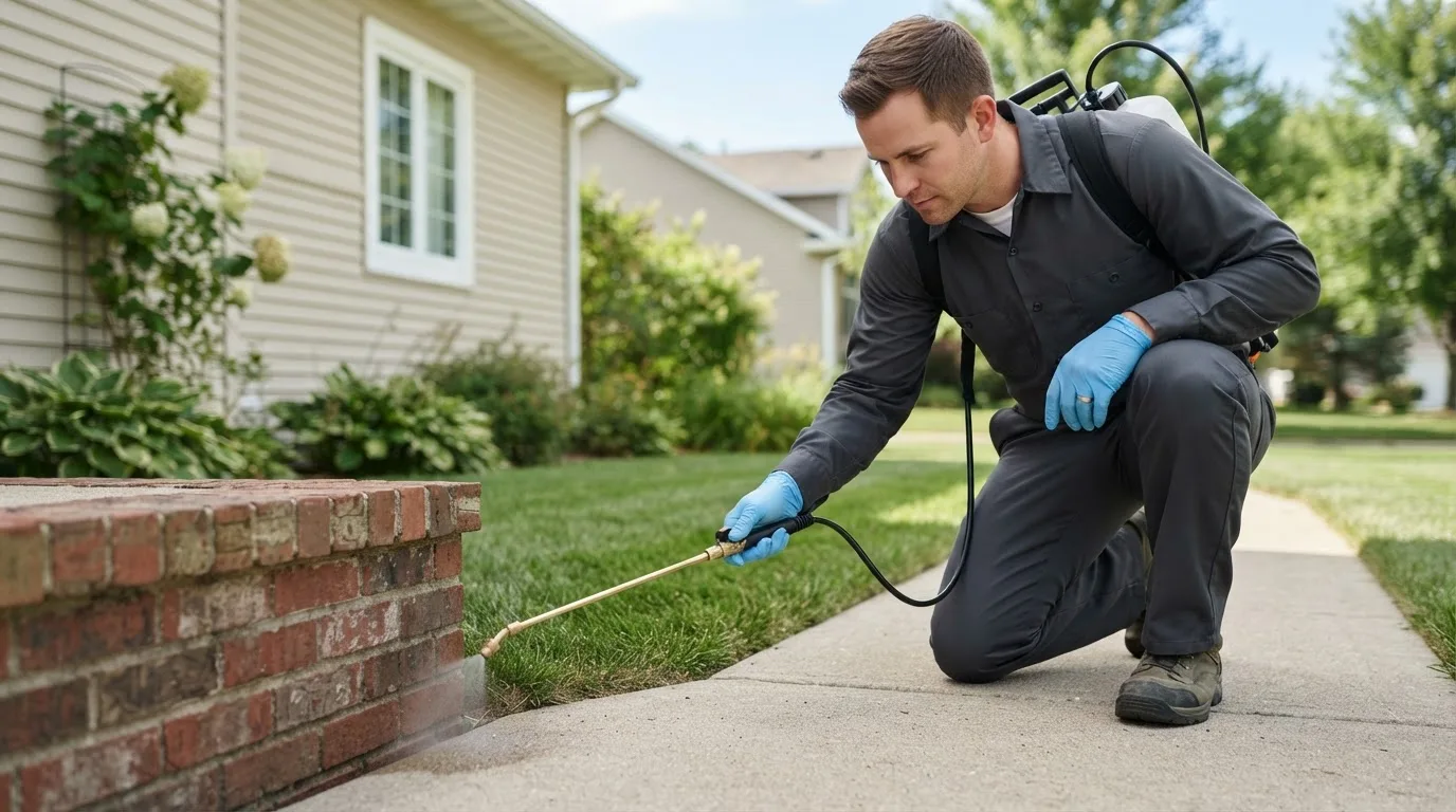 Pest control technician treating a home near Max, ND